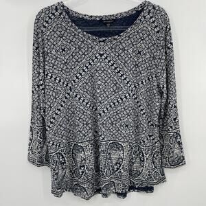 LUCKY BRAND Paisley Top Size XL Blue 3/4 Sleeve Round Neck Pullover Casual Shirt